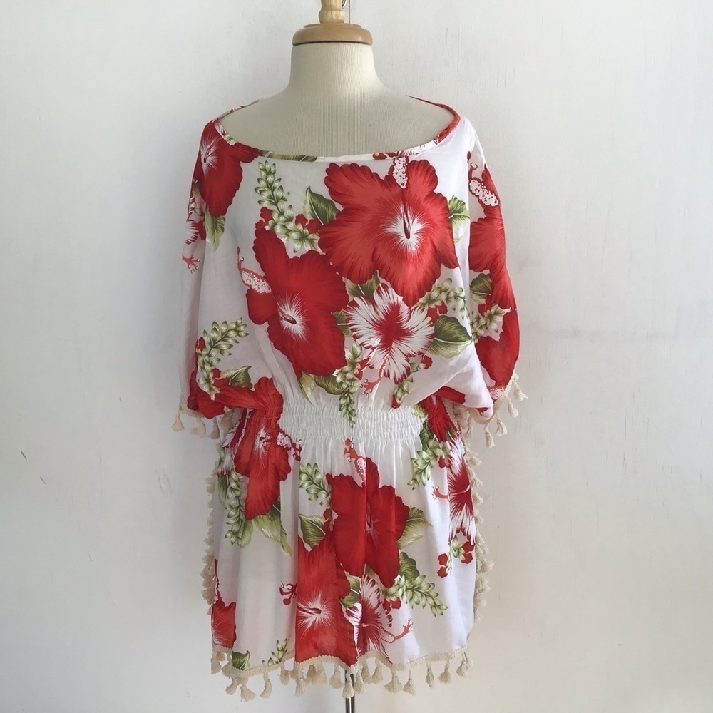 Sun Carl hibiscus print with tassel braided edged swim coverup size L/XL